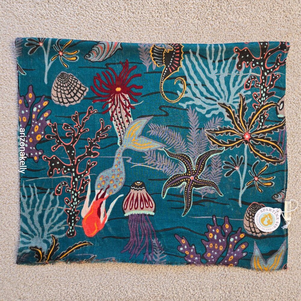 NWT Spartina 447 Linen Blend Scarf w/ Undersea Scene Mermaid Jellyfish, Seahorse - Picture 10 of 12